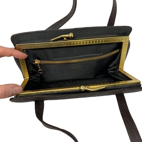 Vintage 1960s Leather Purse Chocolate Brown Faux Snakeskin Randley Handbag - Picture 6 of 15